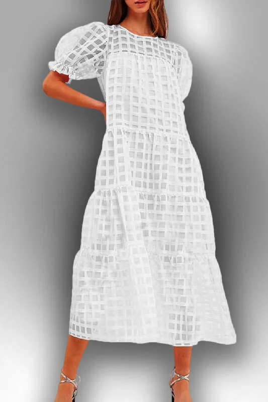 Bodycon dress in a pastel color palette​Short Puff Sleeve Gridded Layered Midi Dress