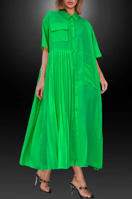 Solid - colored bodycon dress for a classic appearanceShort Sleeve Button Down Pockets Pleated Midi Dress Solid - colored bodycon dress for a classic appearanceShort Sleeve Button Down Pockets Pleated Midi Dress