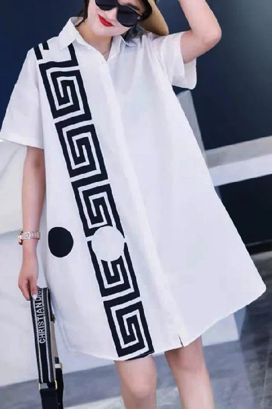 Bodycon dress with a pleated bodice​Short Sleeve Greek Pattern Button Down Dress