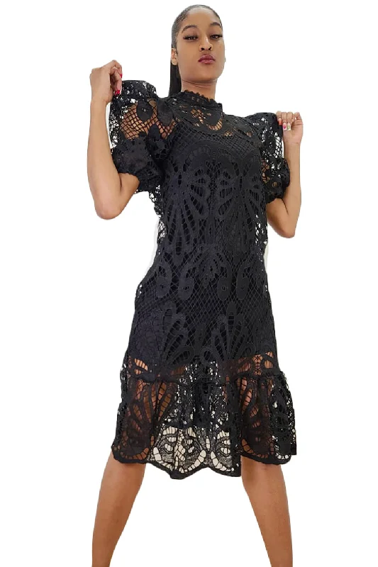 Bodycon dress with a bow accent​Short Sleeve High Neck Lace Midi Dress