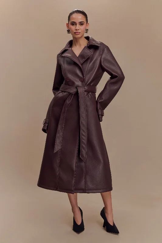Plus size women's wool blend coats for a warm and stylish winterTarah Faux Leather Trench Coat - Cacao Brown Plus size women's wool blend coats for a warm and stylish winterTarah Faux Leather Trench Coat - Cacao Brown