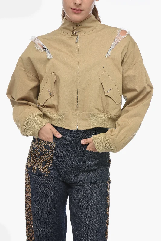 Embroidered women's cotton coats in a bohemian pattern for a unique designUndercover Bare Back Cotton Bomber Jacket with Cut-outs Embroidered women's cotton coats in a bohemian pattern for a unique designUndercover Bare Back Cotton Bomber Jacket with Cut-outs