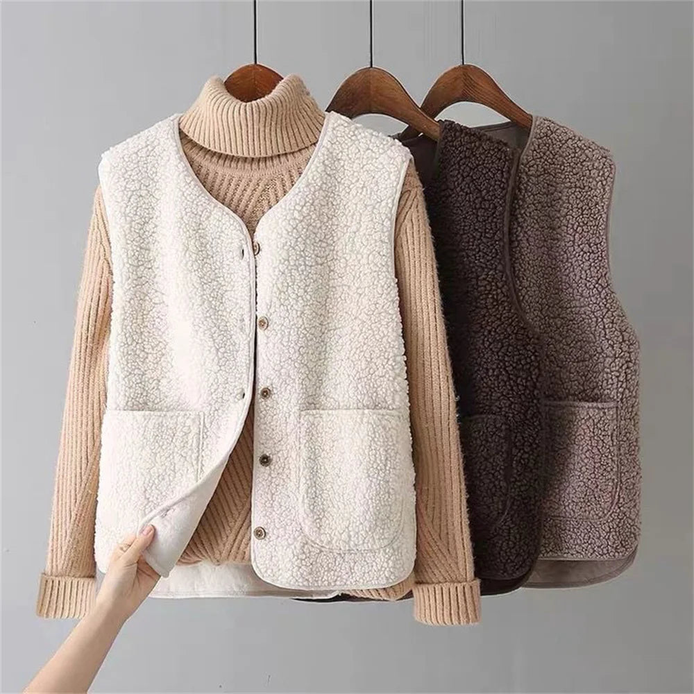 Oversized women's wool coats in a monochromatic look for a trendy outfitVests New Spring Autumn Women Button Waistcoat Lamb Wool Winter Oversized women's wool coats in a monochromatic look for a trendy outfitVests New Spring Autumn Women Button Waistcoat Lamb Wool Winter