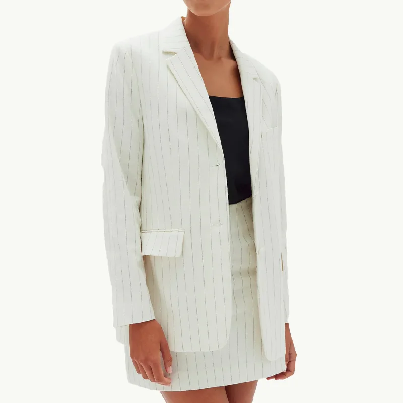 Checkered women's wool coats in a classic pattern for a timeless styleLeila Stripe Linen Jacket - Cream Pinstripe Checkered women's wool coats in a classic pattern for a timeless styleLeila Stripe Linen Jacket - Cream Pinstripe
