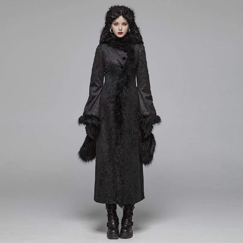 Women's Goth Jacquard Flare Sleeved Woolen Maxi Overcoat With Fur Collar