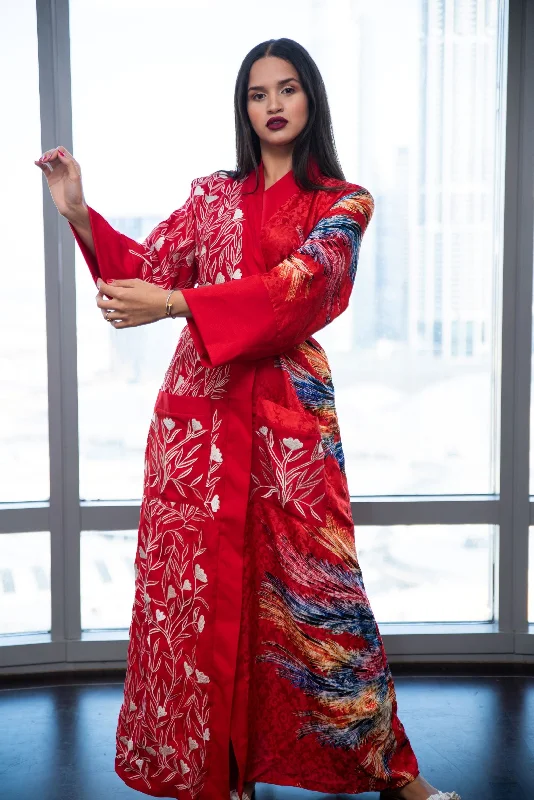 women robes with a faux - fur trim for a luxurious feelAlanis Red embroidered kimono robe