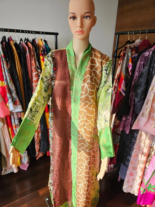 women robes with a dropped - shoulder designAmelia green and brown kimono robe