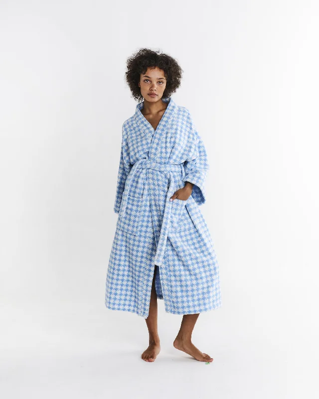 women robes with a shawl collar for styleHoundstooth Blue Terry Bath Robe