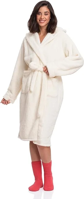 Women's Sherpa Hooded Robe in Off White - Experience Ultimate Plush Comfort Every Time