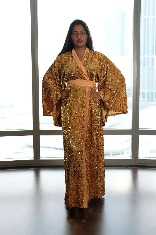women robes for a stylish hospital stayMari gold sequin kimono robe