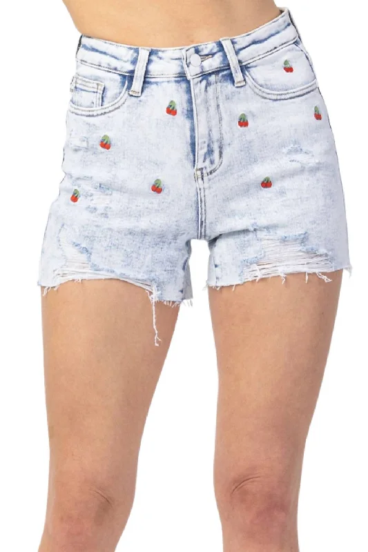 Elastic Waist Women Shorts for Easy Wear and ComfortCherry Embroidery High Rise Cut-Off Short In Acid Wash Elastic Waist Women Shorts for Easy Wear and ComfortCherry Embroidery High Rise Cut-Off Short In Acid Wash