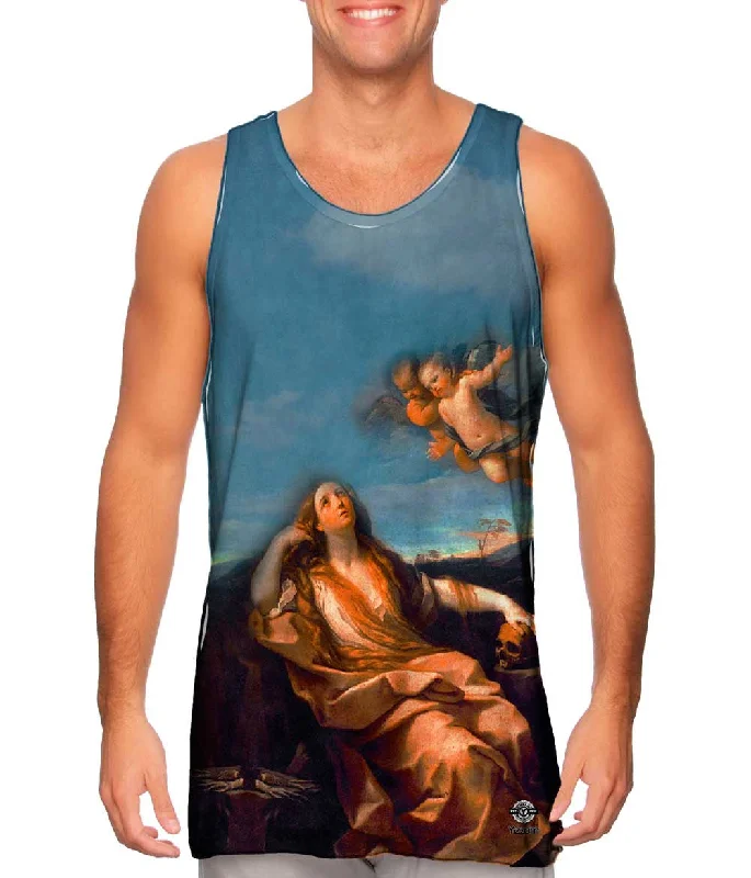 Plus Size Women's Ruffled Hem Tank Tops with Floral PrintsGuido Reni - "St Mary Magdalene" (1632) Plus Size Women's Ruffled Hem Tank Tops with Floral PrintsGuido Reni - "St Mary Magdalene" (1632)