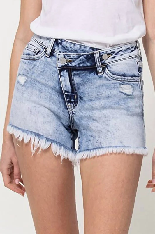 Denim Women Shorts with Distressed Details for a Casual VibeMid Rise Shorts With Criss Cross Waistband In Holly Denim Women Shorts with Distressed Details for a Casual VibeMid Rise Shorts With Criss Cross Waistband In Holly