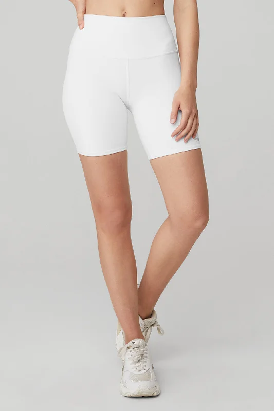Denim Women Shorts with Distressed Details for a Casual Vibe7" High-Waist Biker Short - White Denim Women Shorts with Distressed Details for a Casual Vibe7" High-Waist Biker Short - White